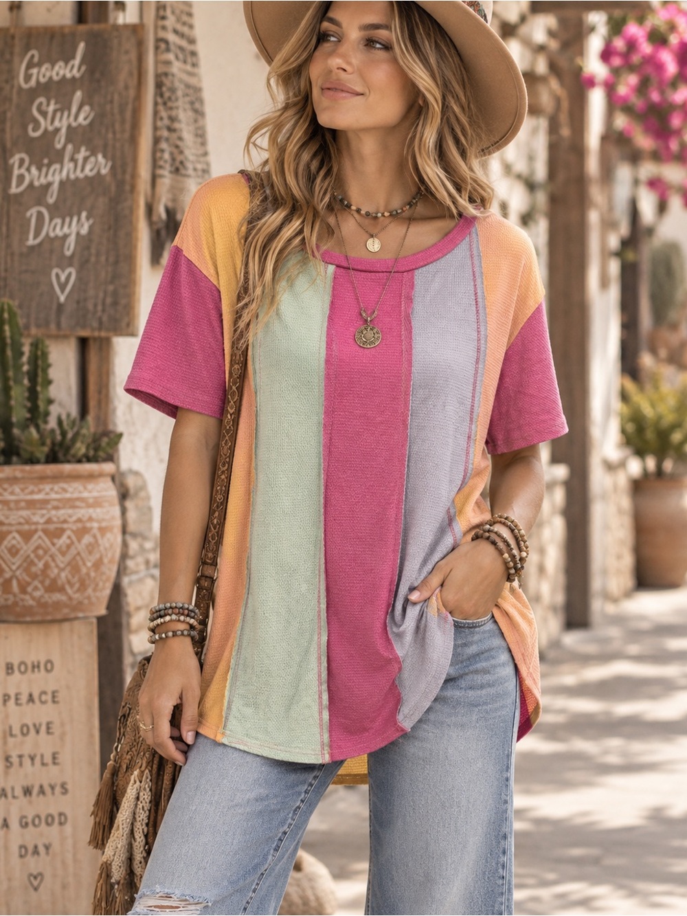Adora Boho Color Block Waffle Knit Top Patchwork Short Sleeve size Medium